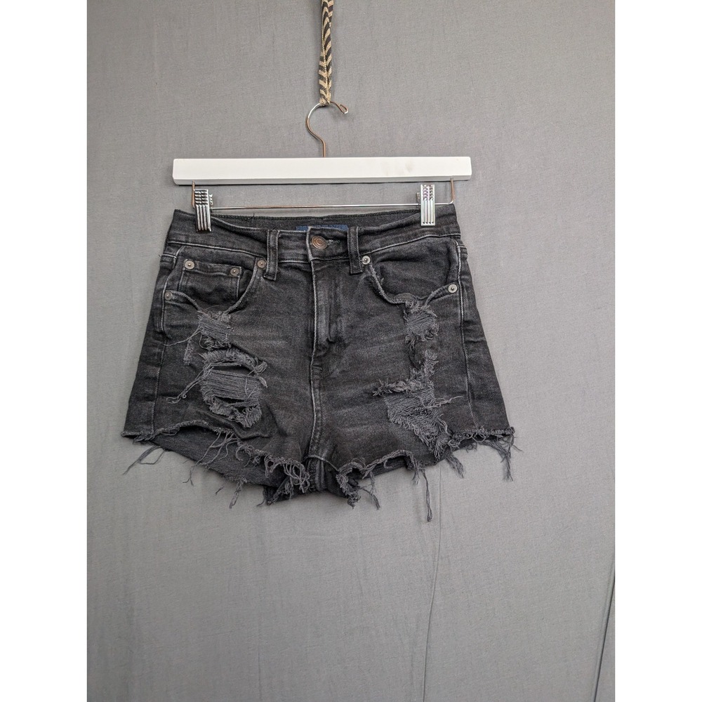 Aeropostale Denim Mom Shorts Women 0 Black Distressed Casual Stretch Cutoffs Raw